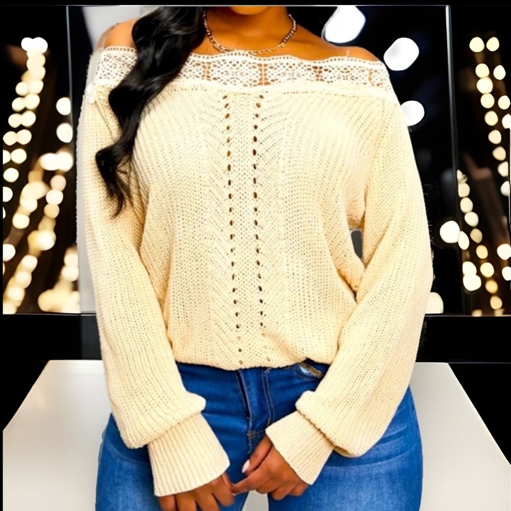 Unique Apricot Lace Trim Neckline Off Shoulder Open Design Down Front Sweater